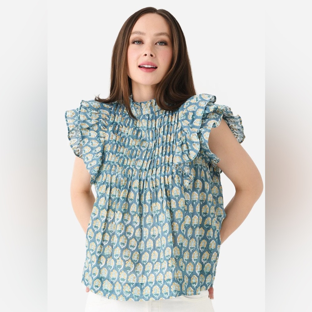 Oliphant Pintuck Ruffle Short Sleeve Top, Sz XL